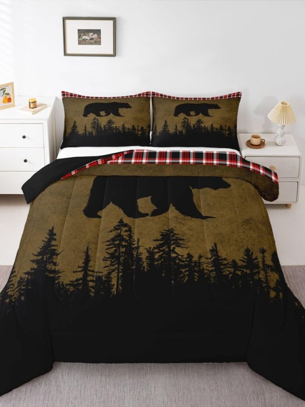 Bear Buffalo Plaid Comforter Set King Size 3 Piece Bedding Set
